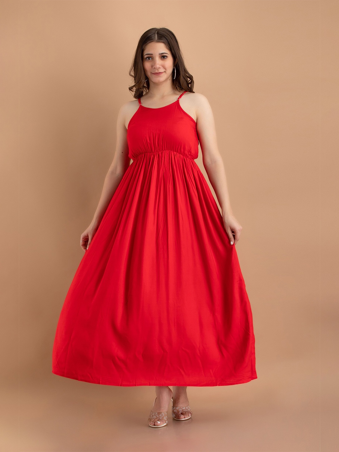 

PURSHOTTAM WALA Women Red Gathered Maxi Dress
