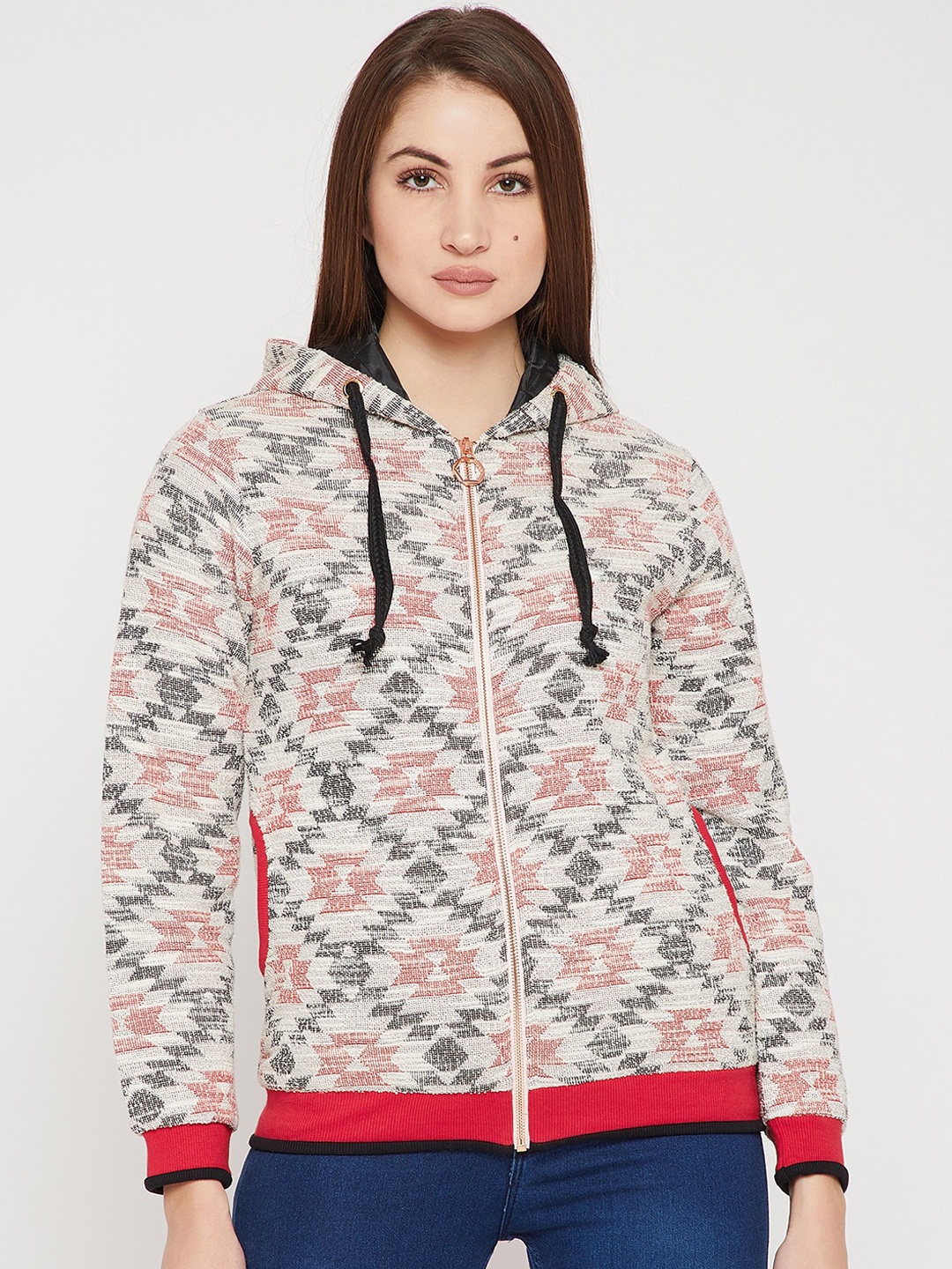 

Carlton London Women Grey & Cream Geometric Cotton Open Front Jacket