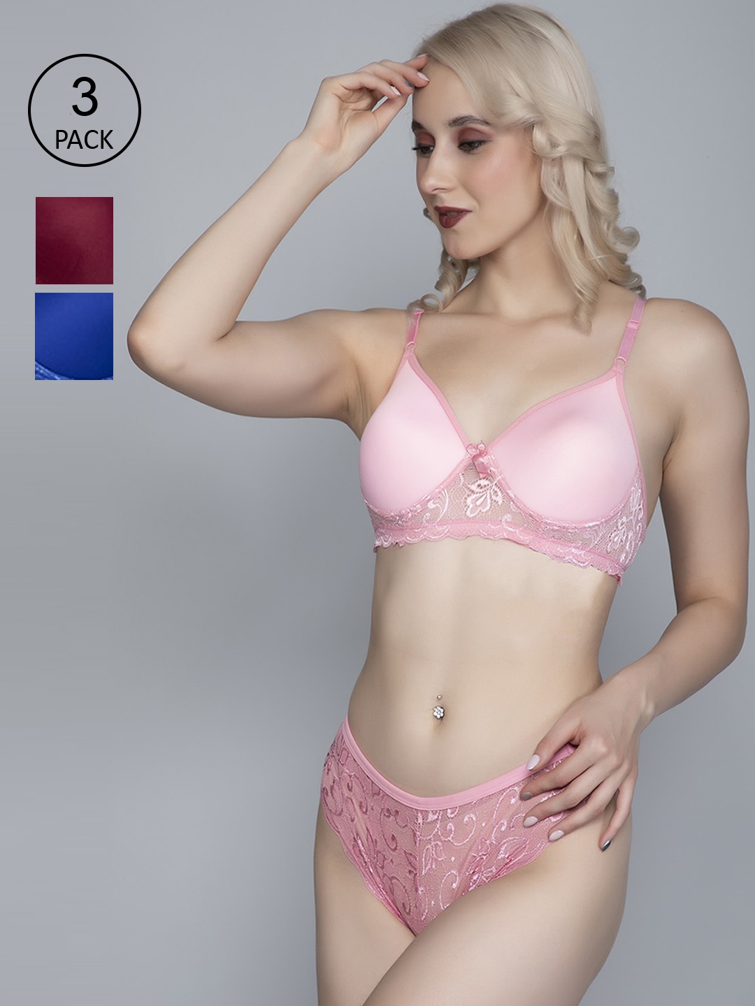 

FIMS Women Pack Of 3 Lightly Padded Lace Lingerie Set, Blue