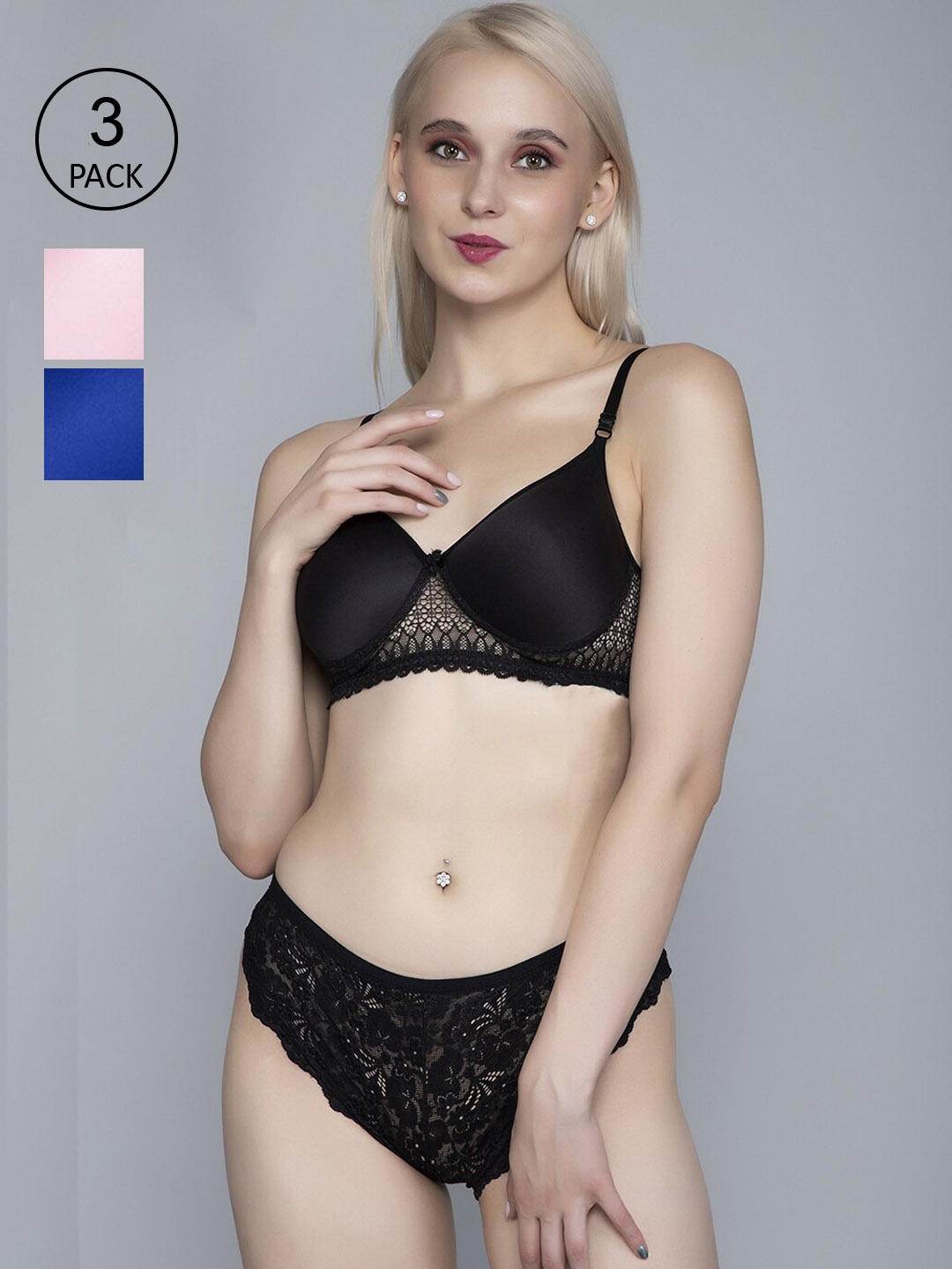 

FIMS Women Pack Of 3 Black & Blue Solid Lace Cotton Lingerie Set