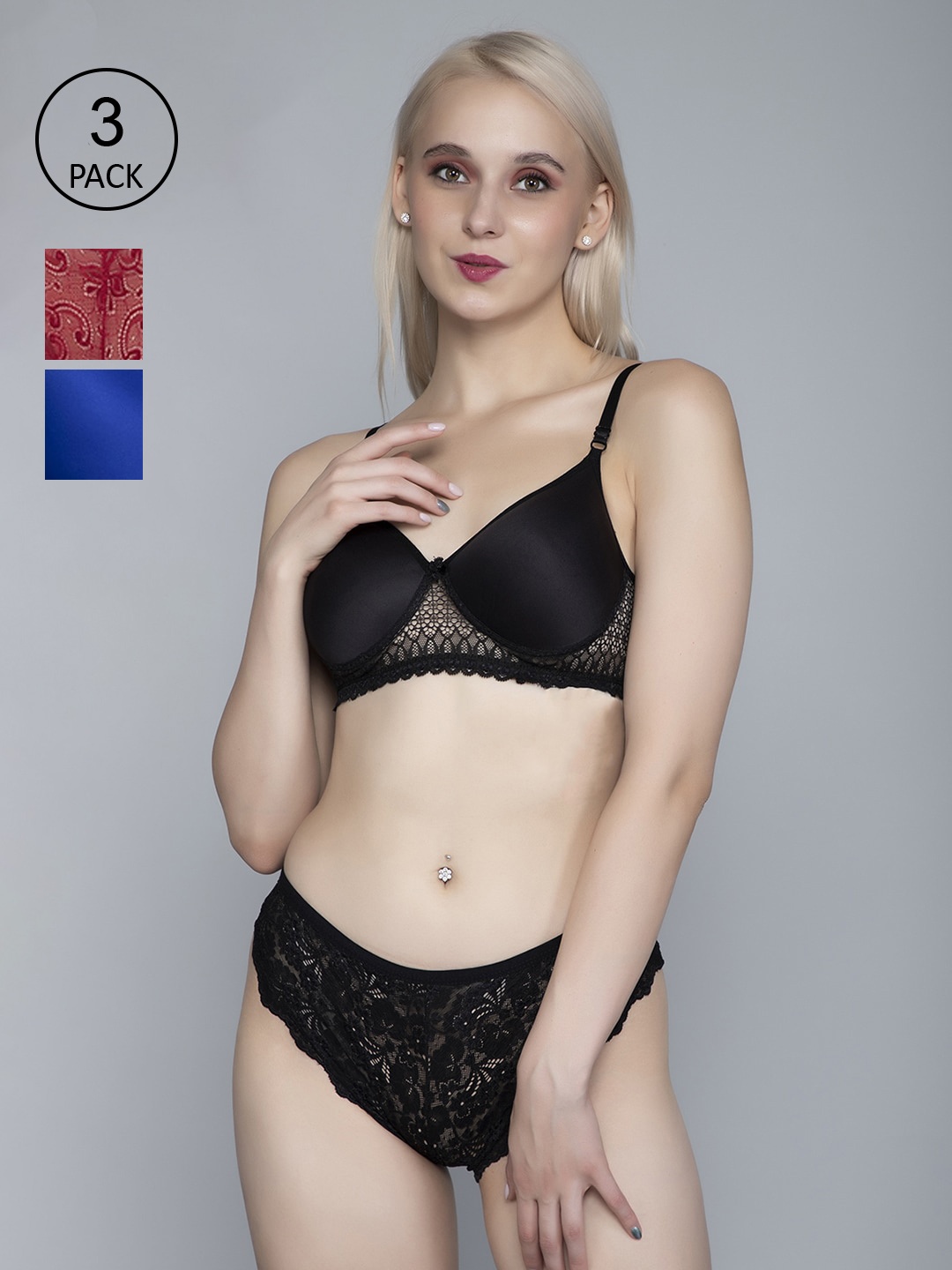 

FIMS Women Pack Of 3 Black & Red Self Design Cotton Lingerie Set