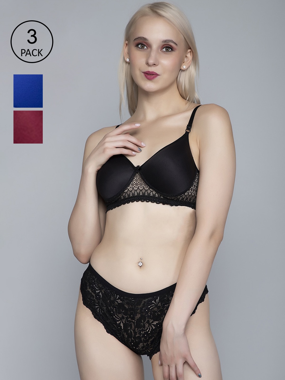 

FIMS Women Black & Blue Pack Of 2 Solid Cotton Lingerie Set