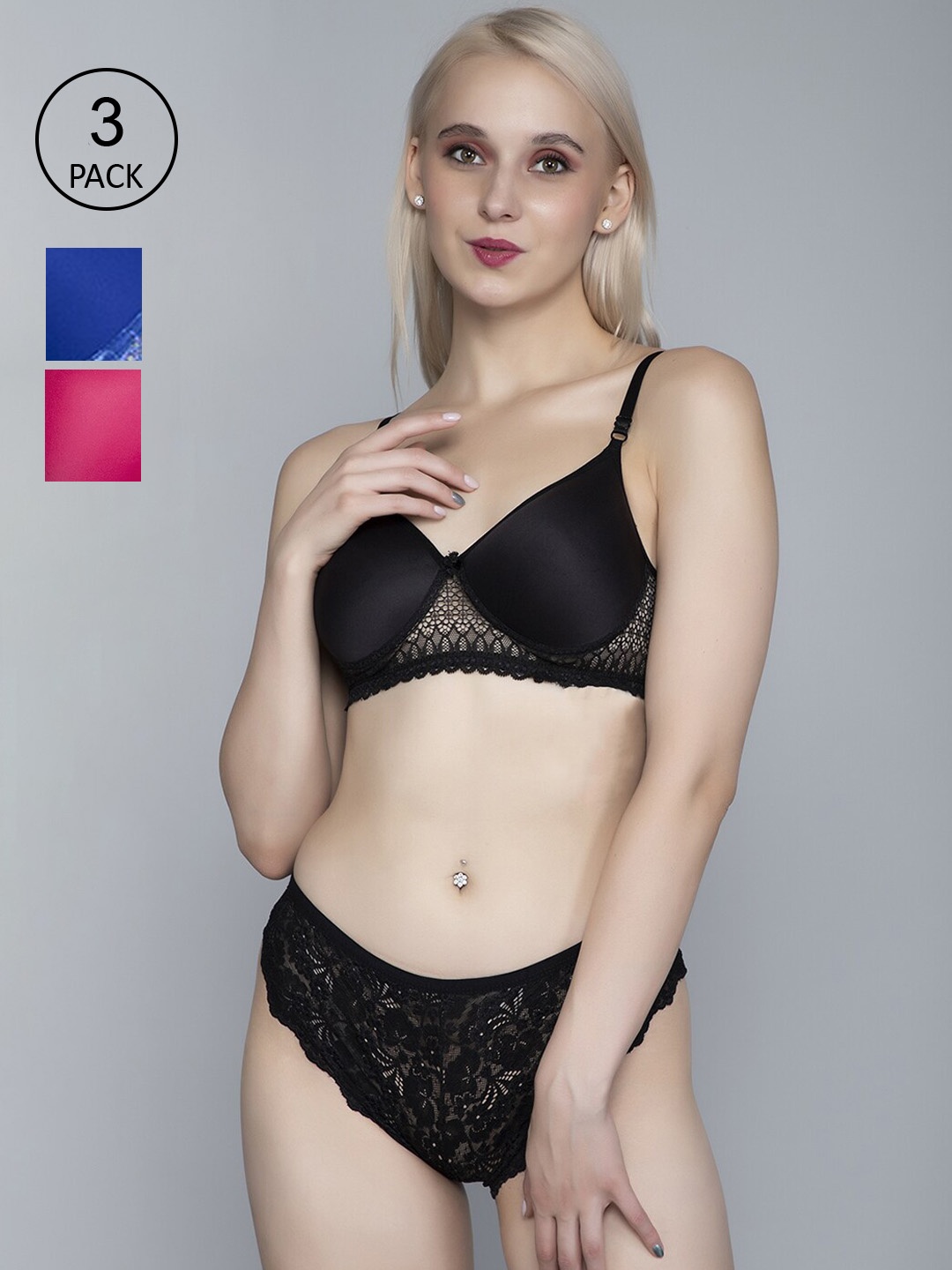 

FIMS Women Pack Of 3 Pink & Blue Solid Cotton Lingerie Set, Black