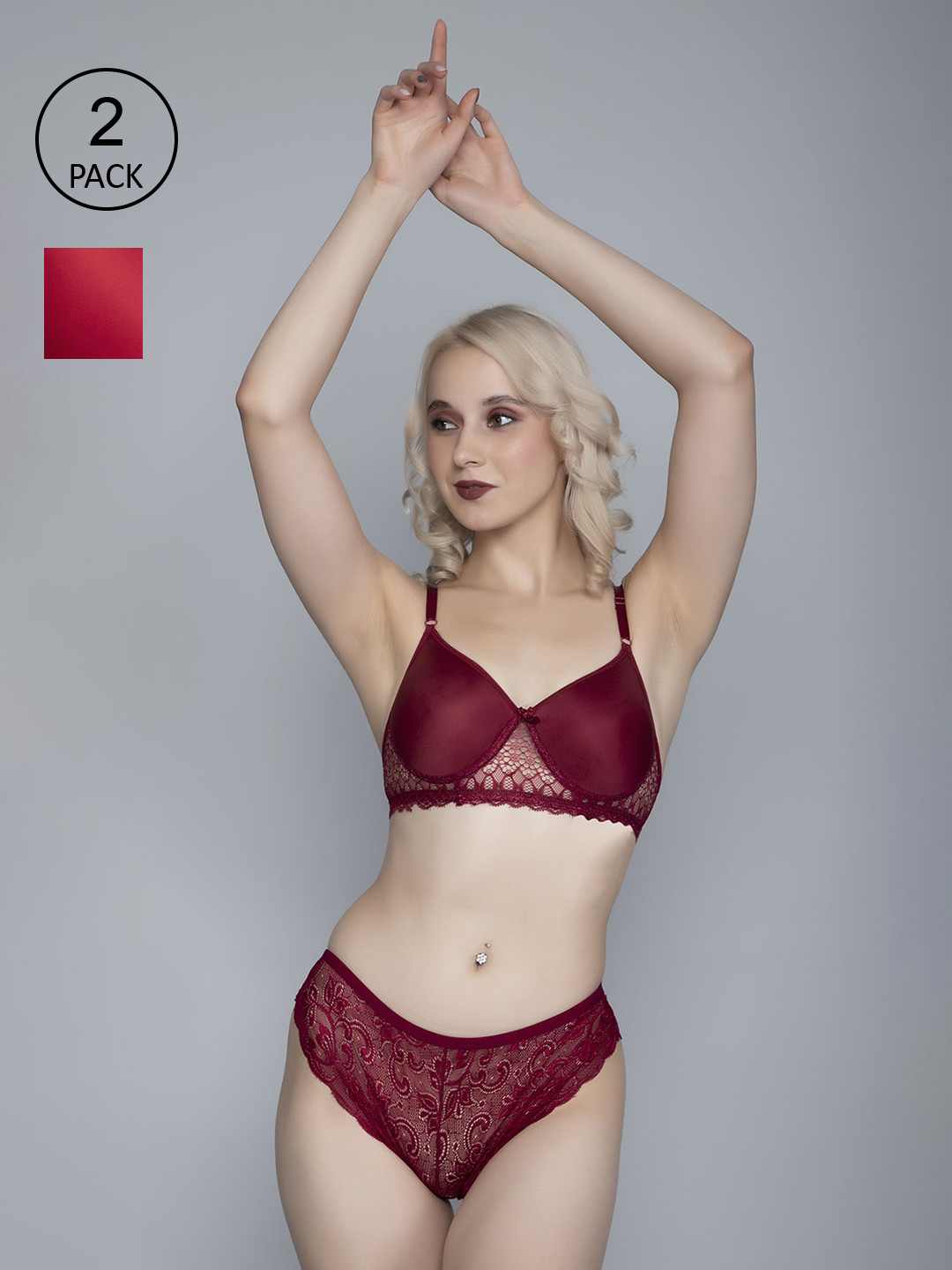 

FIMS Women Pack Of 2 Red & Maroon Solid Cotton Lingerie Set