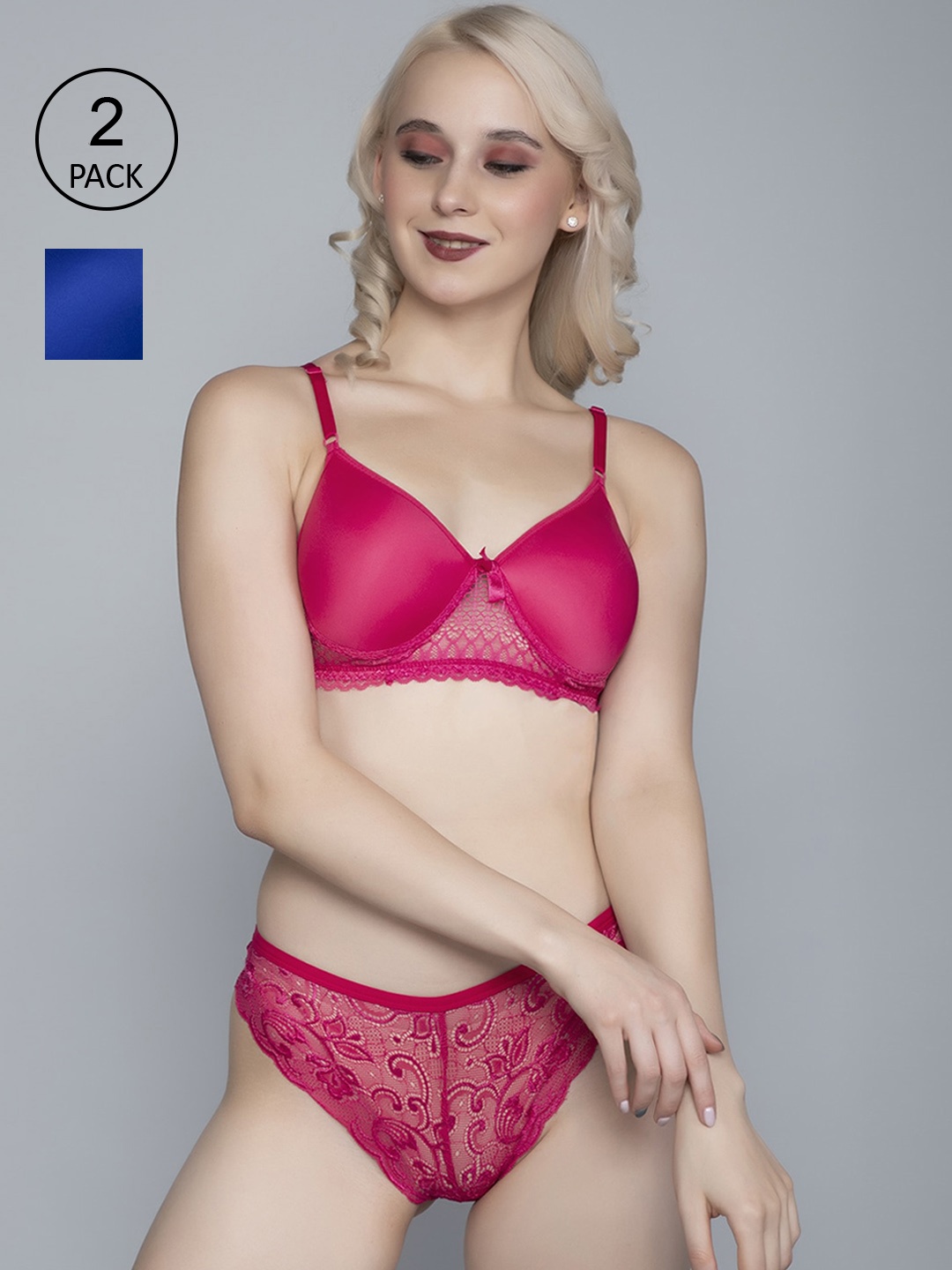 

FIMS Women Pack of 2 Blue & Pink Self-Design Cotton Lingerie Set