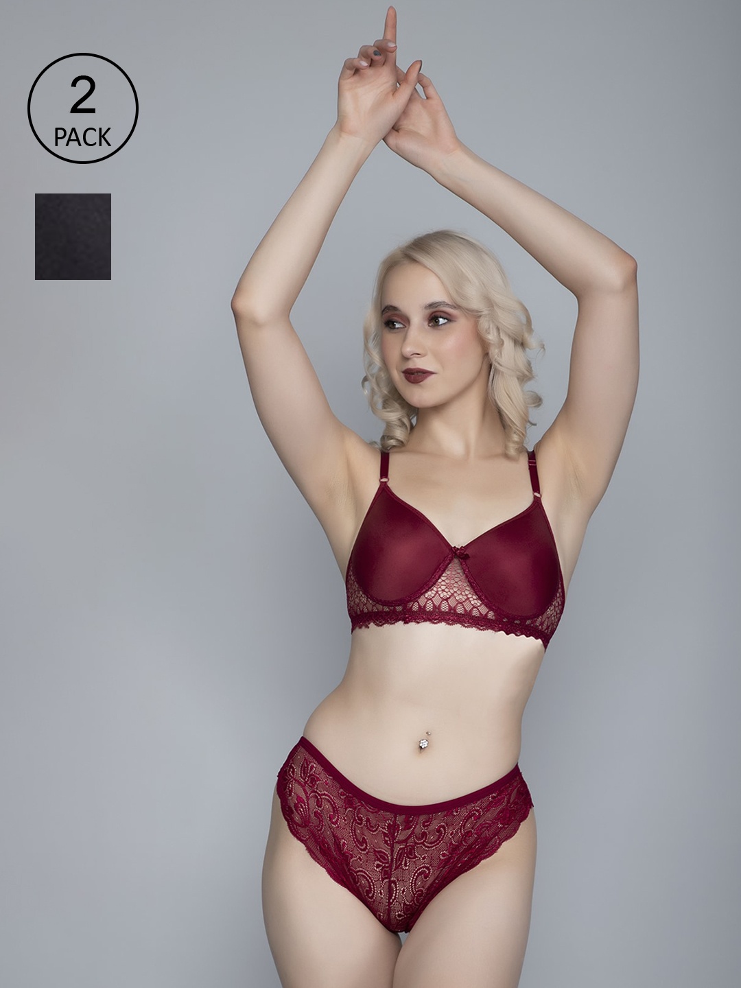 

FIMS Women Black & Maroon Set Of 2 Self-Design Cotton Lingerie Set