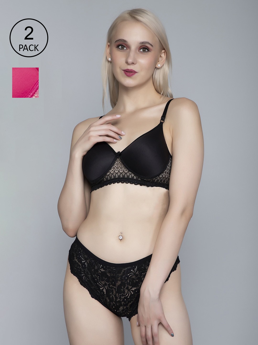 

FIMS Women Black & Pink Pack Of 2 Solid Cotton Lingerie Set
