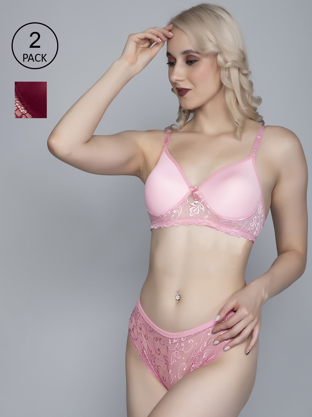

FIMS Women Pink & Red Pack Of 2 Self-Design Cotton Lingerie Set