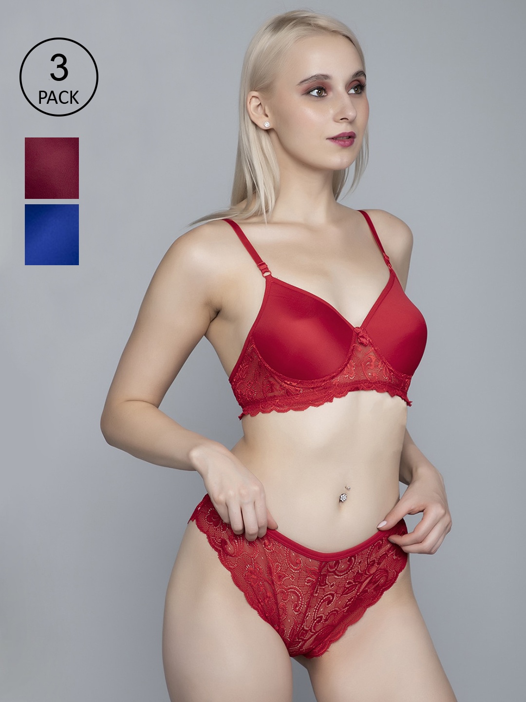 

FIMS Women Maroon & Blue Pack Of 3 Solid Cotton Lingerie Set, Red