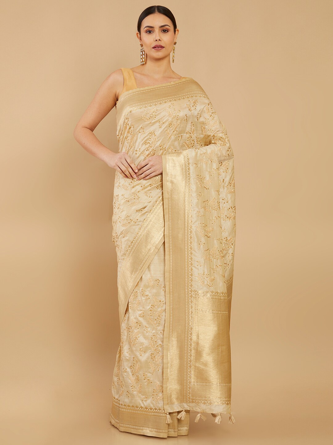 

Soch Beige & Gold-Toned Ethnic Motifs Zari Silk Blend Saree