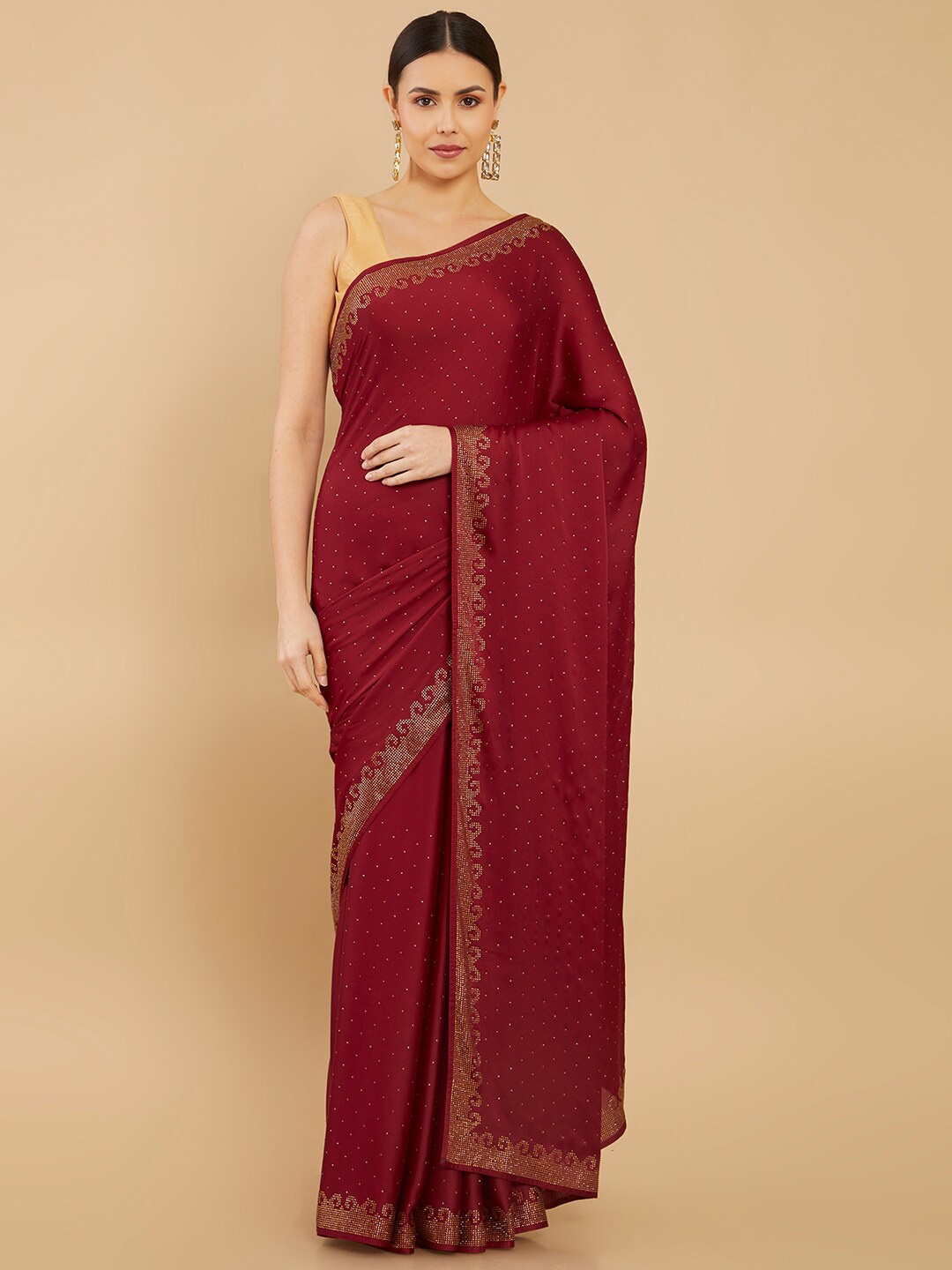 

Soch Maroon & Gold-Toned Embellished Beads and Stones Saree