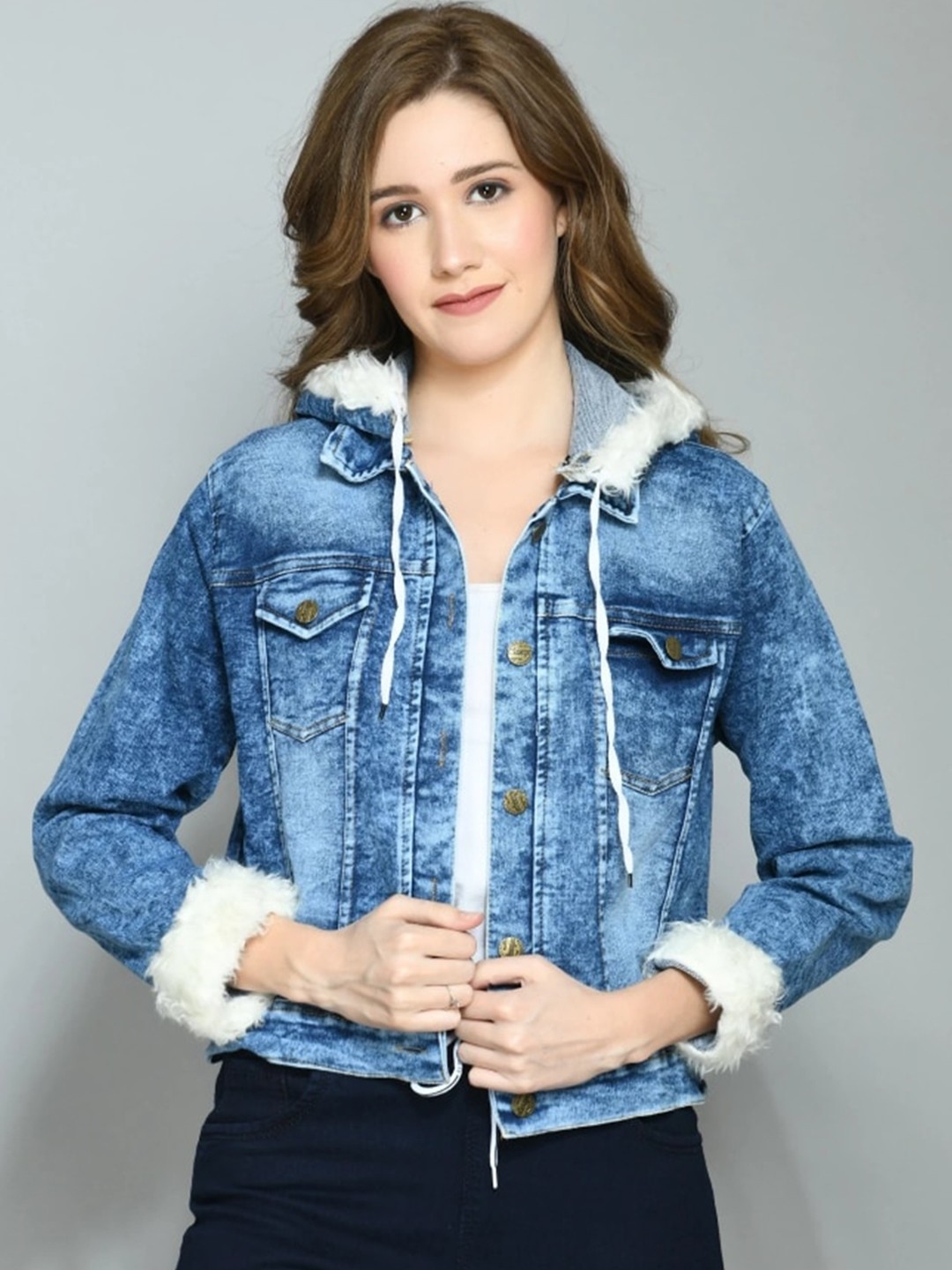 

IUGA Women Blue White Washed Crop Cotton Denim Jacket