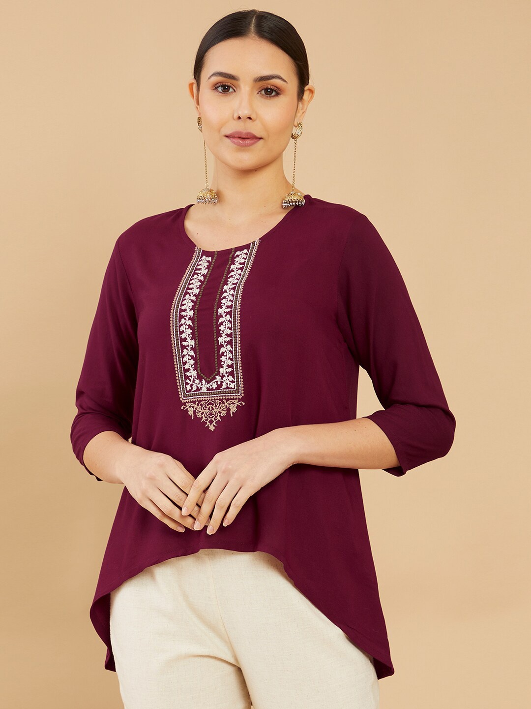 

Soch Maroon & White Viscose Rayon Embroidered Tunic