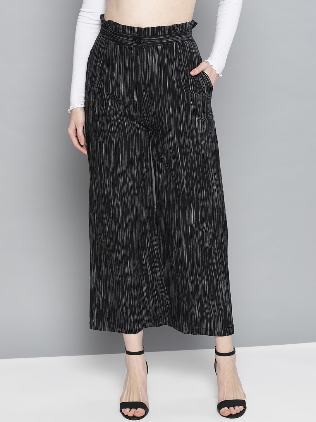 

Carlton London Women Black Striped Loose Fit High-Rise Cotton Trousers