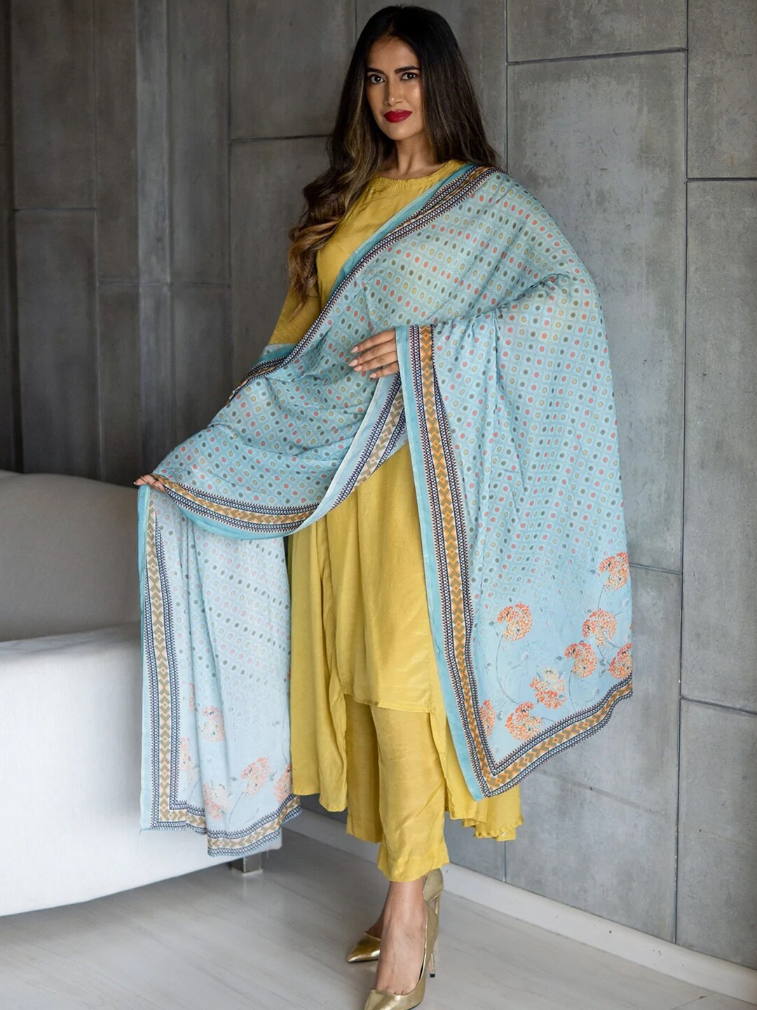 

Ambraee Women Mustard Yellow Solid Kurta with Trouser With Dupatta