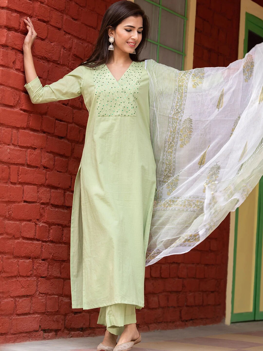 

Ambraee Women Lime Green Yoke Design Sequinned Kurta with Trousers With Dupatta