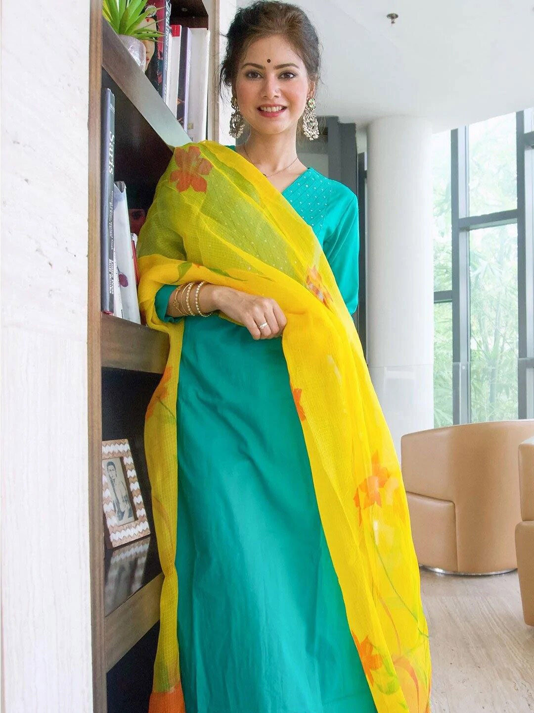 

Ambraee Women Green Yoke Design Sequinned Kurta with Trousers With Dupatta