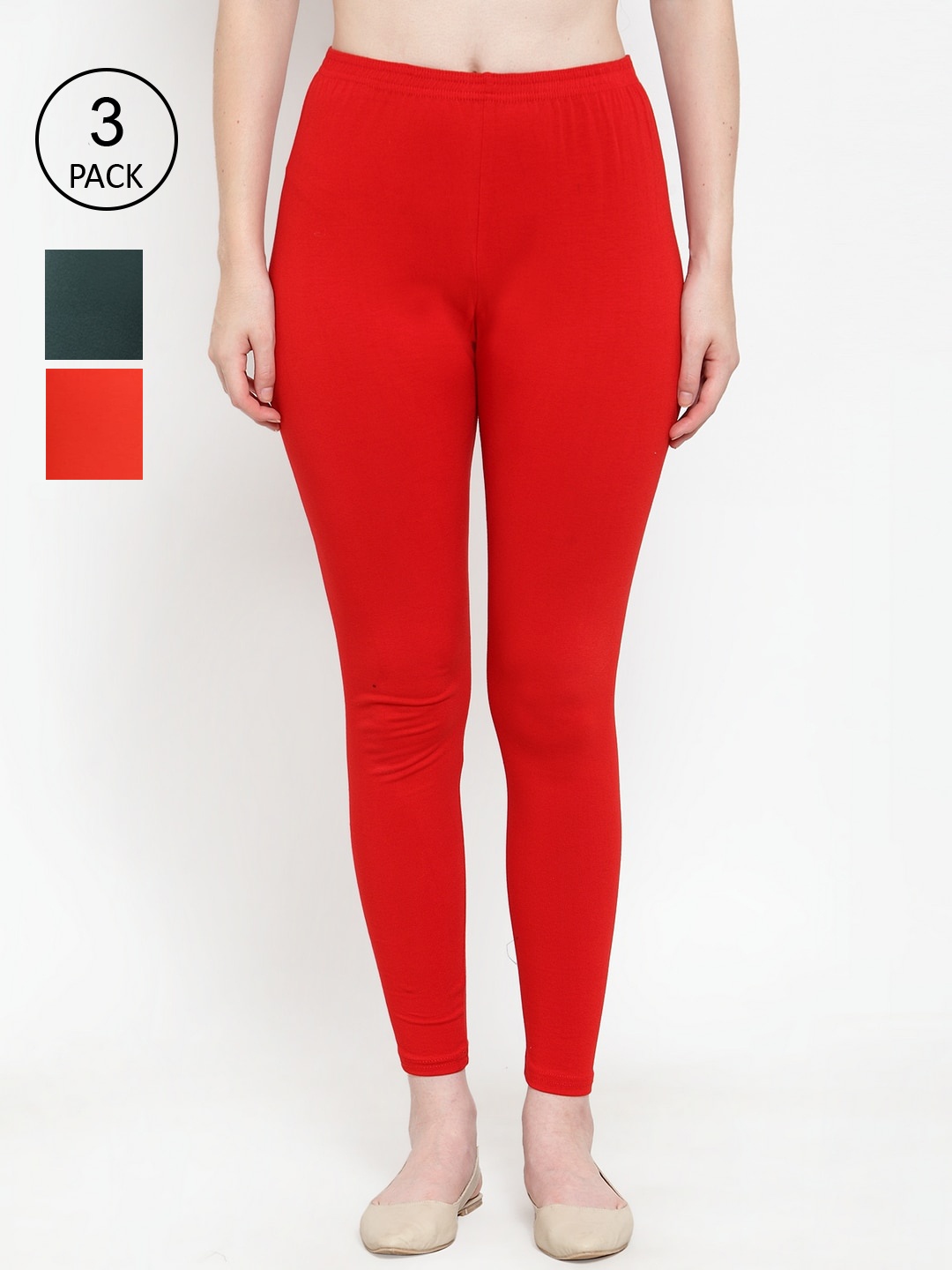 

Jinfo Women Pack Of 3 Solid Cotton Ankle-Length Leggings, Red