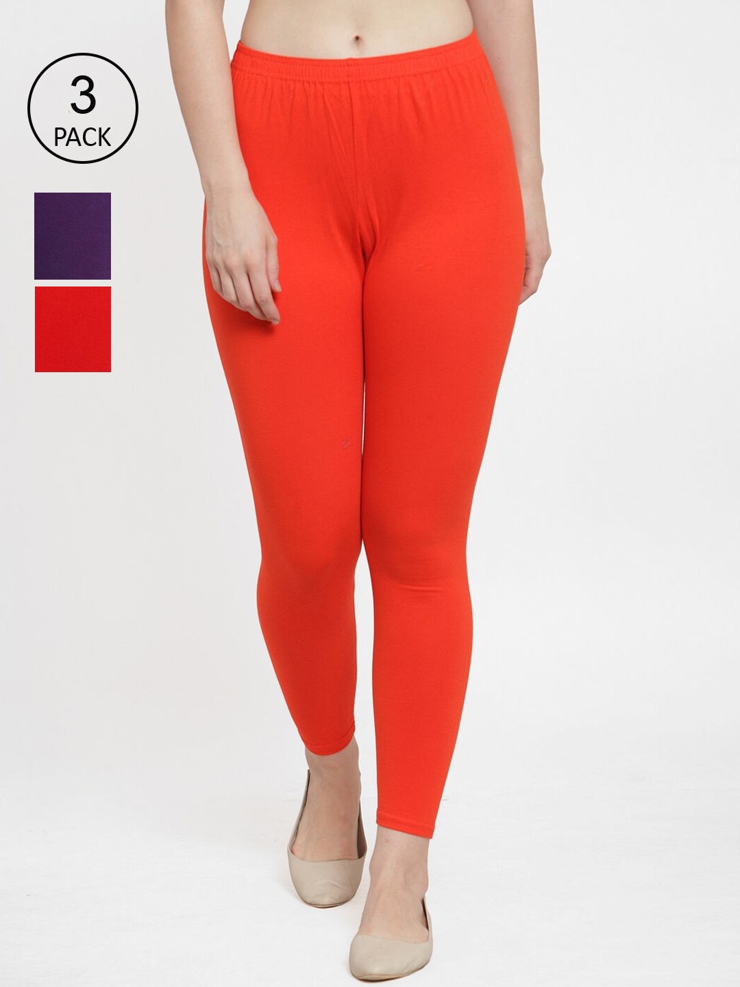 

Jinfo Women Pack Of 3 Solid Cotton Ankle-Length Leggings, Red