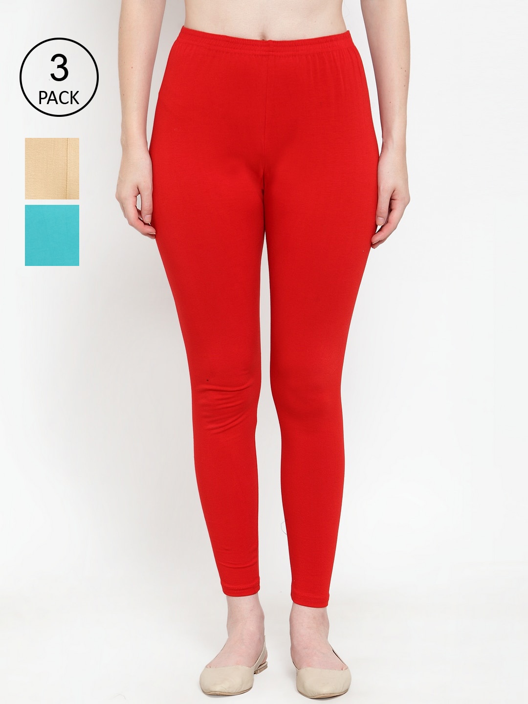 

Jinfo Women Pack Of 3 Solid Cotton Ankle-Length Leggings, Red