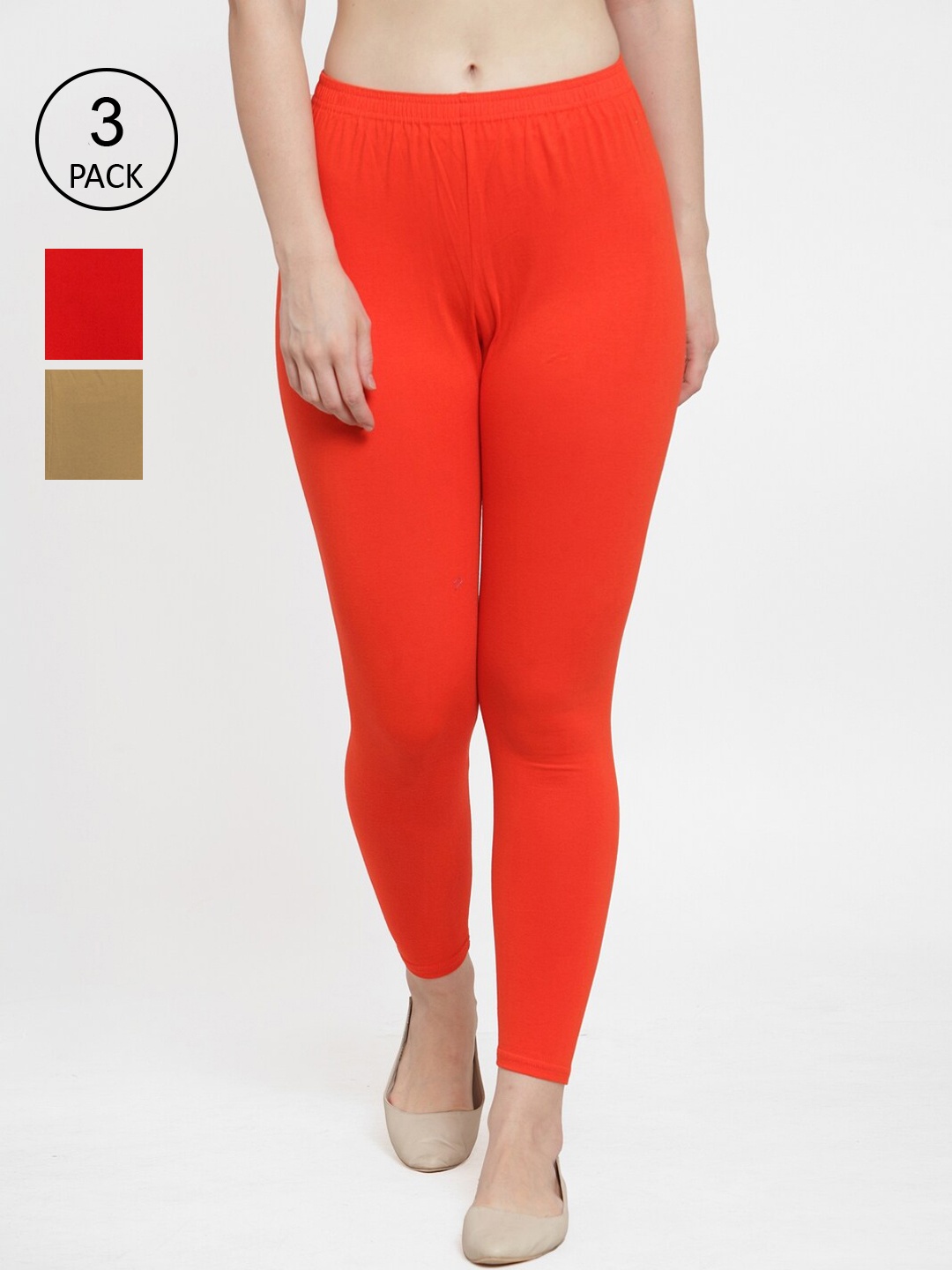 

Jinfo Women Pack Of 3 Solid Cotton Ankle-Length Leggings, Red