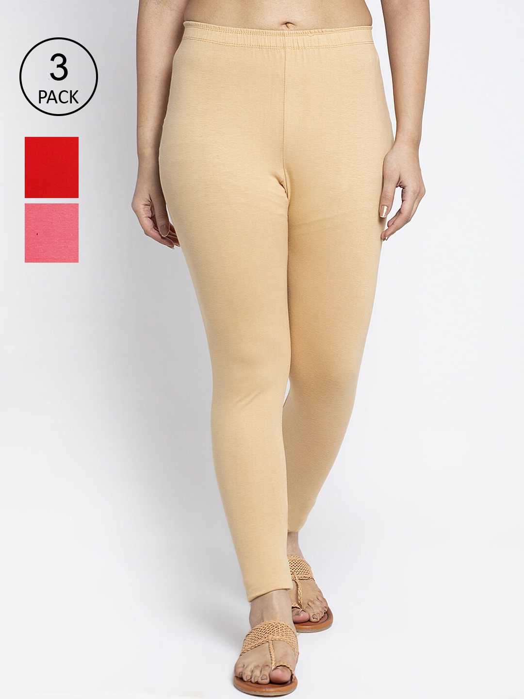 

Jinfo Women Pack Of 3 Solid Cotton Ankle-Length Leggings, Beige