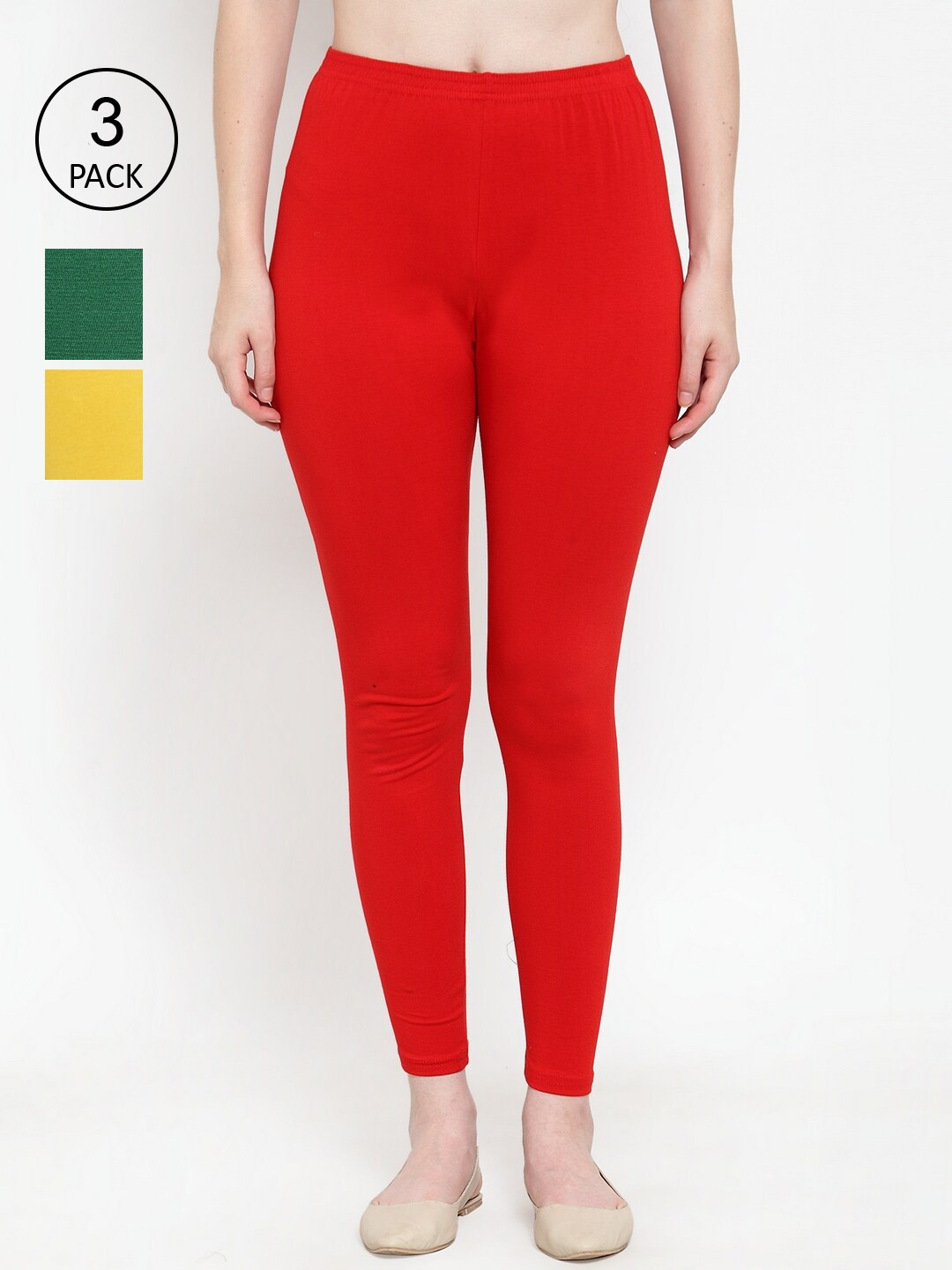 

Jinfo Women Pack Of 3 Solid Cotton Ankle-Length Leggings, Red