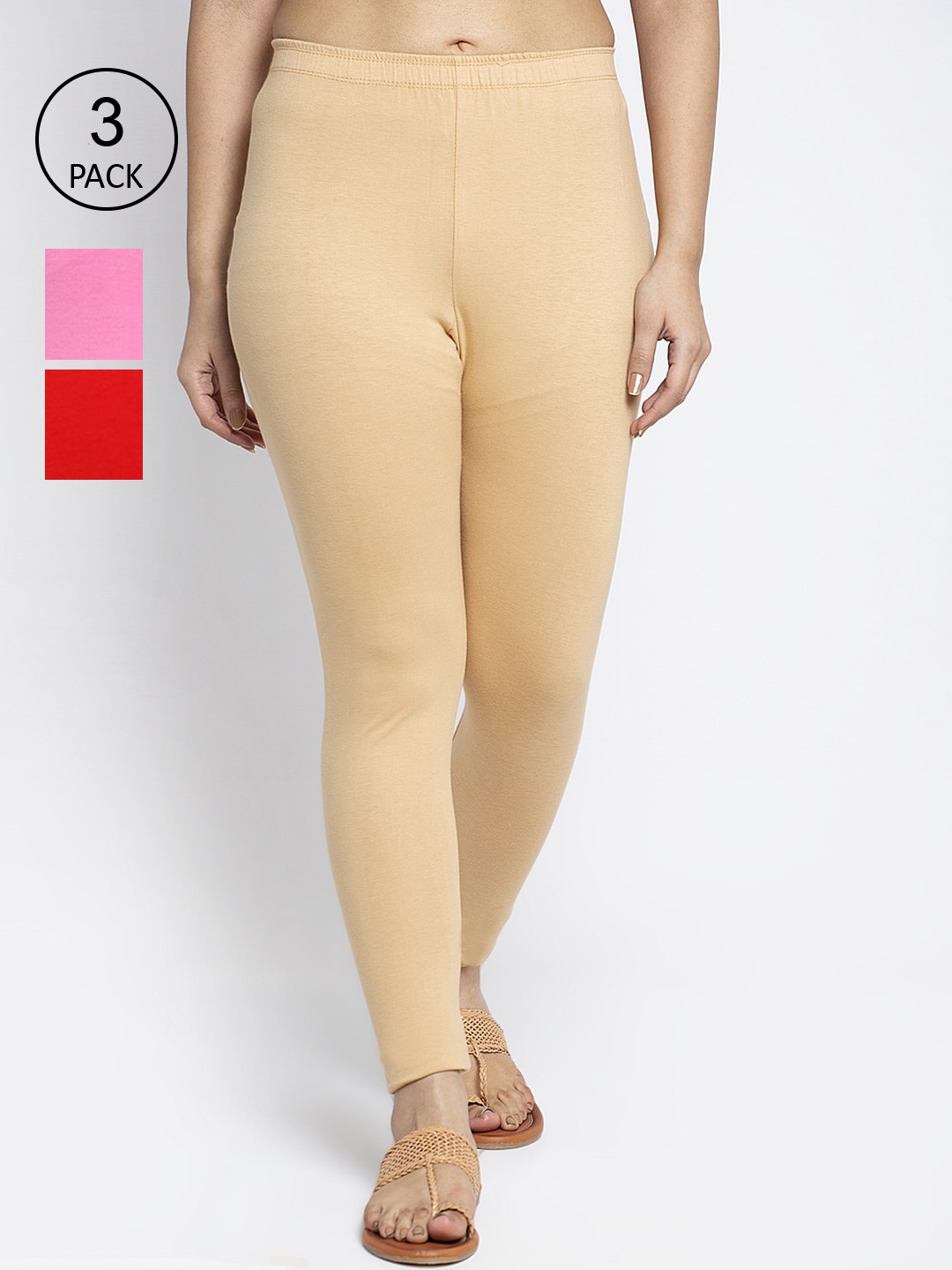 

Jinfo Women Pack Of 3 Solid Cotton Ankle-Length Leggings, Red
