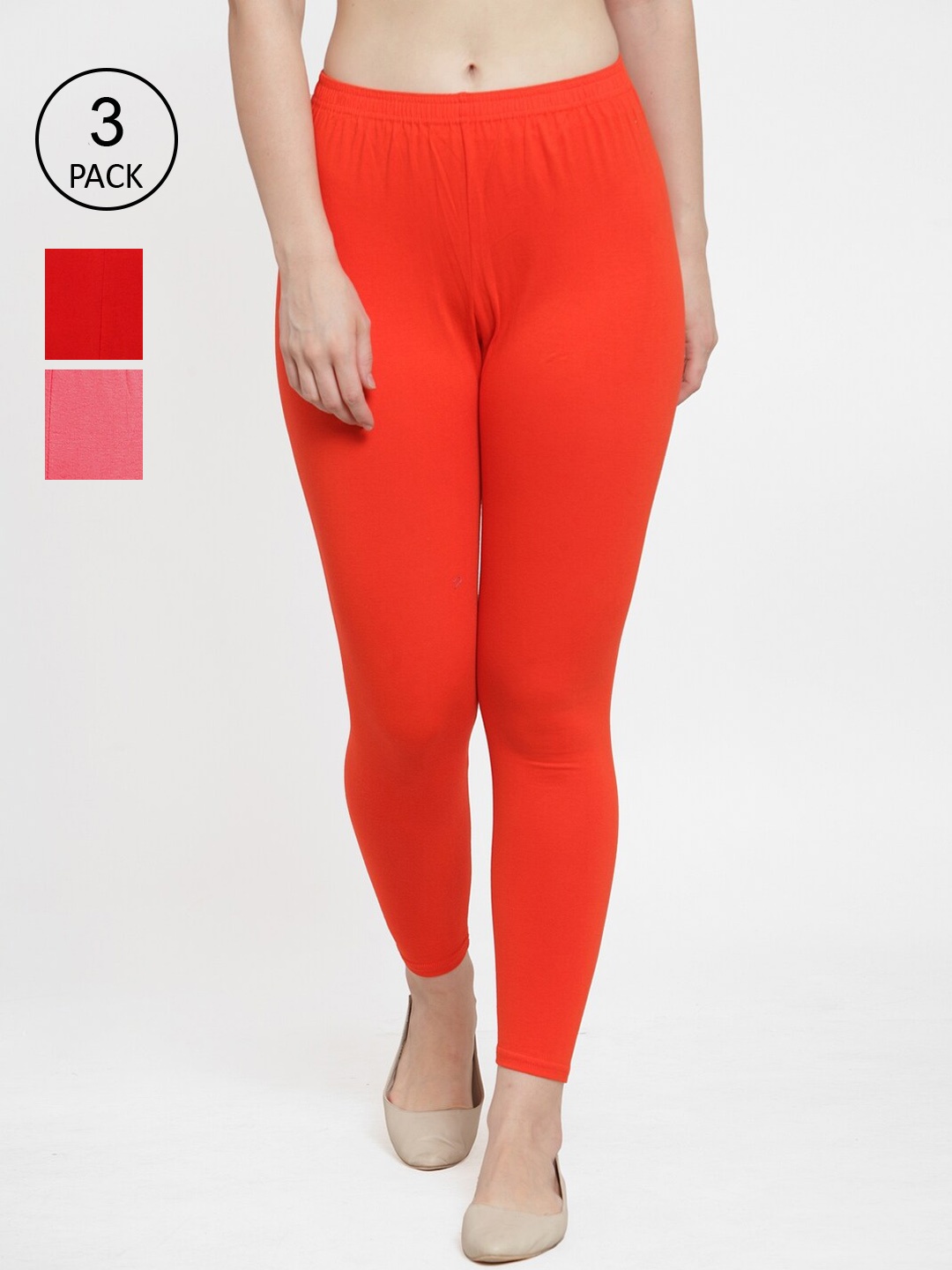 

Jinfo Women Pack Of 3 Solid Cotton Ankle-Length Leggings, Red