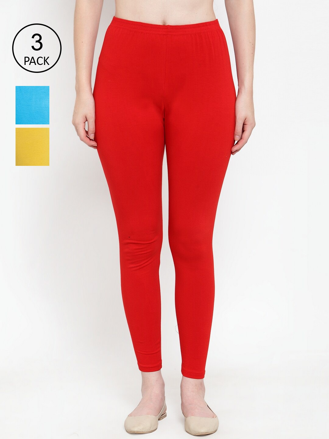 

Jinfo Women Pack Of 3 Solid Cotton Ankle-Length Leggings, Red