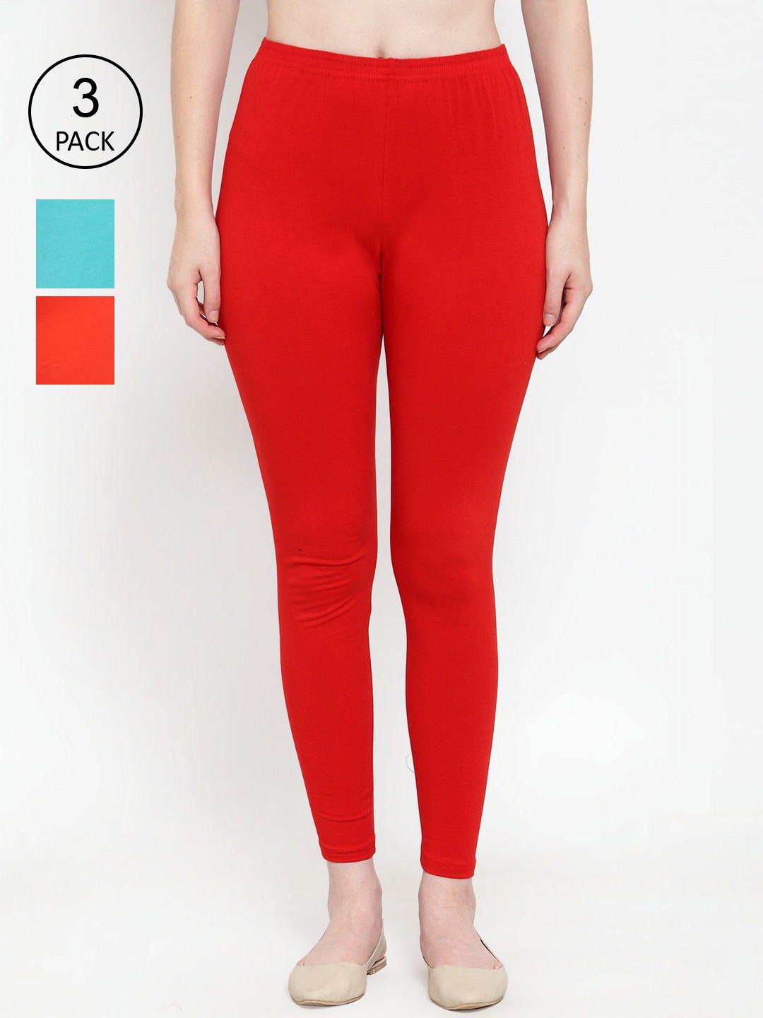 

Jinfo Women Pack of 3 Solid Super Combod Cotton Ankle Leggings, Red