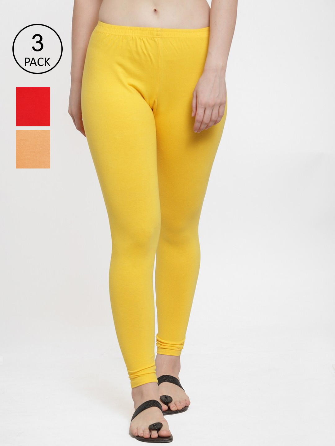 

Jinfo Women Pack Of 3 Solid Cotton Ankle-Length Leggings, Yellow