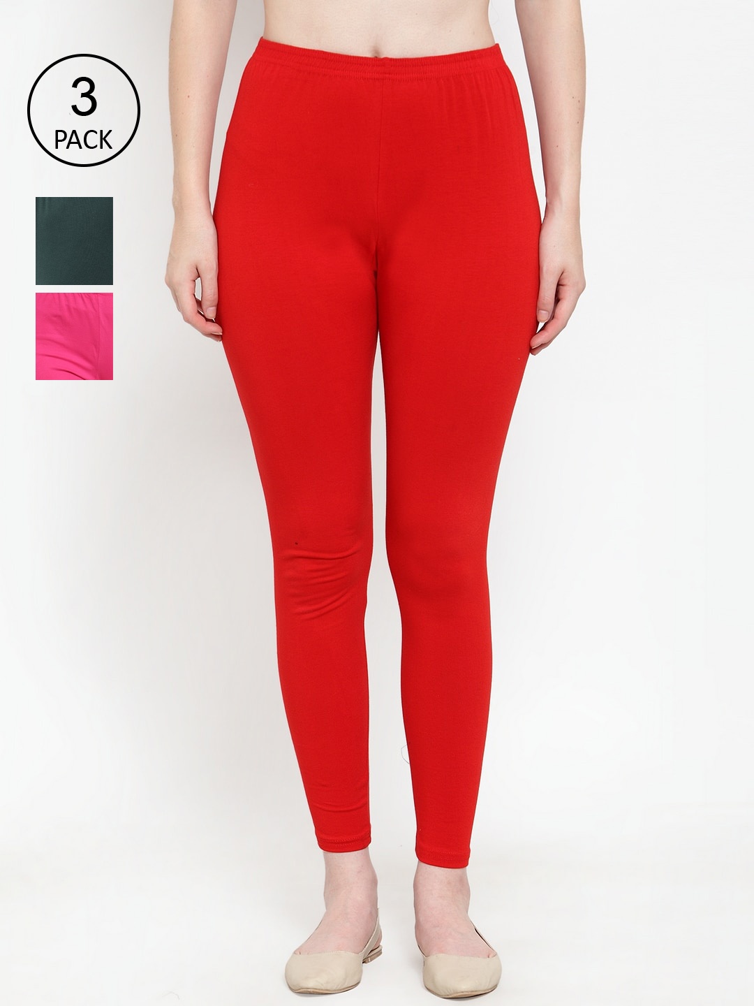 

Jinfo Women Pack Of 3 Solid Cotton Ankle-Length Leggings, Red