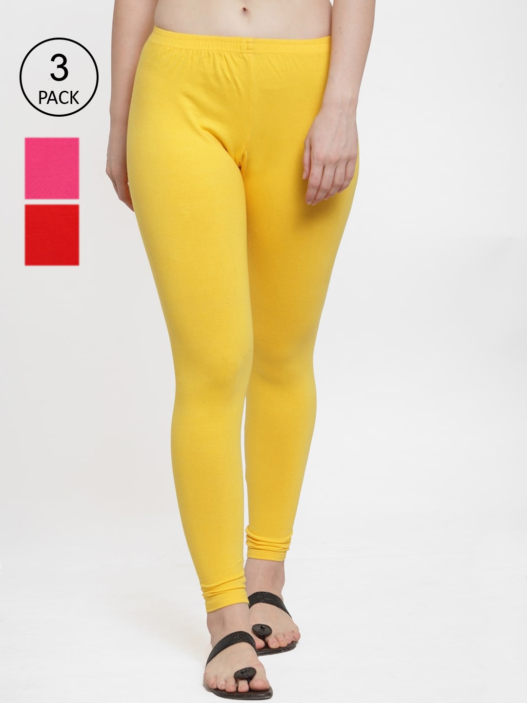 

Jinfo Women Pack Of 3 Solid Cotton Ankle-Length Leggings, Yellow