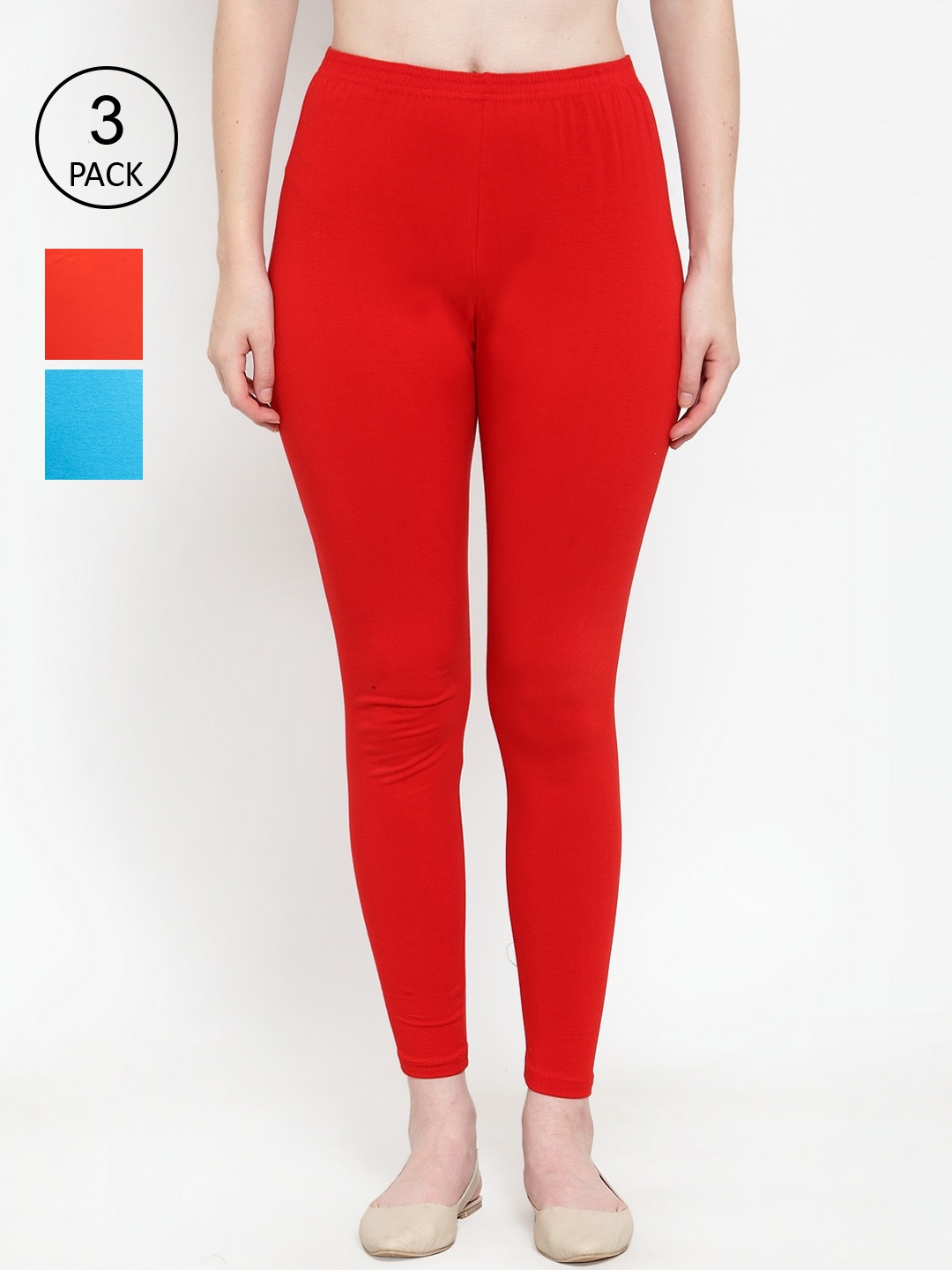 

Jinfo Women Pack Of 3 Ankle-Length Super Combod Cotton Leggings, Red