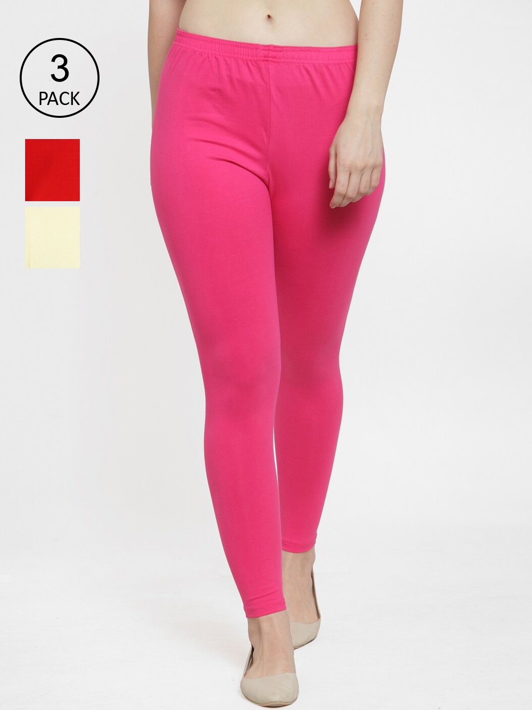 

Jinfo Women Pack Of 3 Solid Cotton Ankle-Length Leggings, Pink
