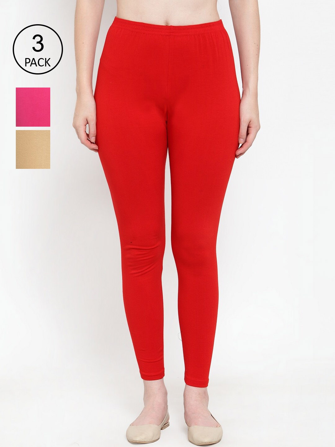 

Jinfo Women Pack Of 3 Solid Cotton Ankle-Length Leggings, Red
