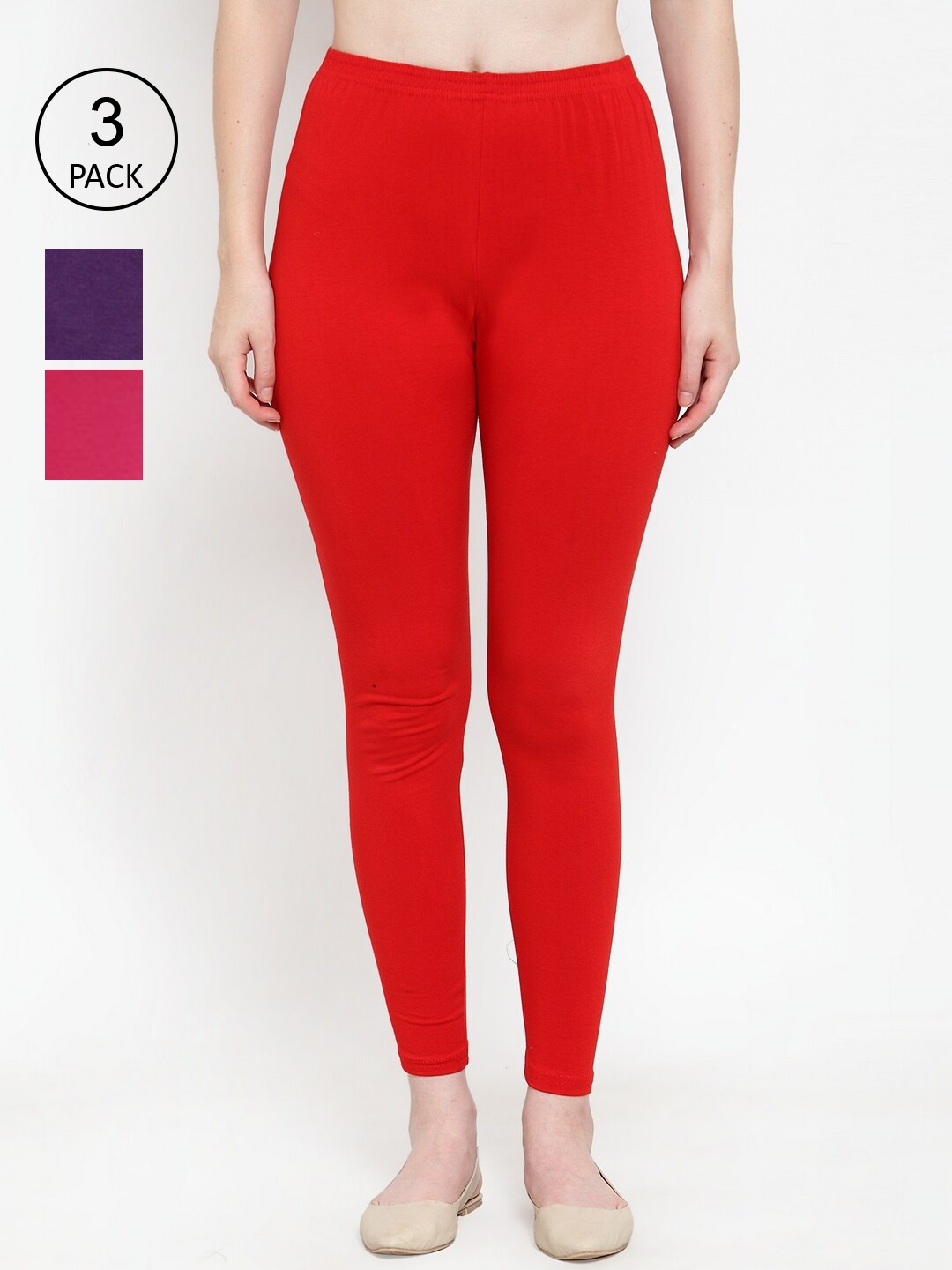 

Jinfo Women Pack Of 3 Solid Cotton Ankle-Length Leggings, Red