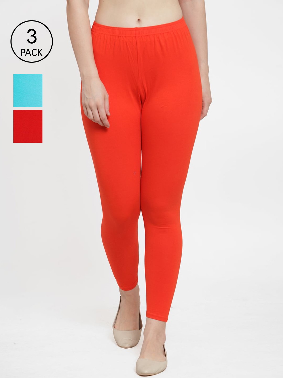 

Jinfo Women Pack Of 3 Solid Cotton Ankle-Length Leggings, Red