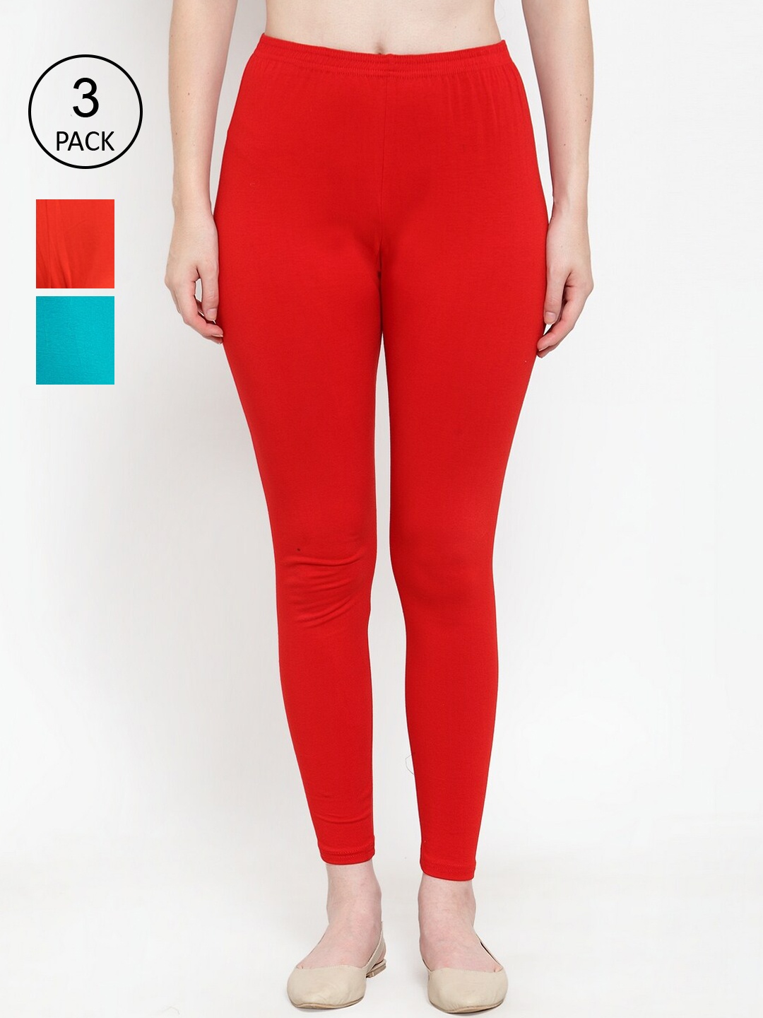 

Jinfo Women Pack Of 3 Solid Cotton Ankle-Length Leggings, Red