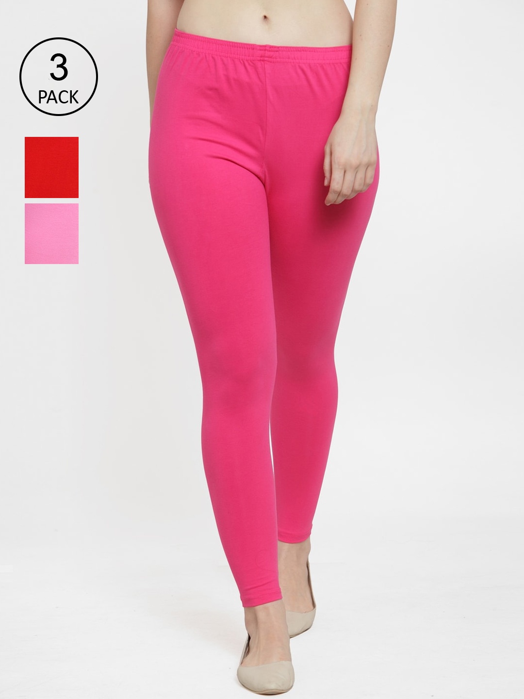 

Jinfo Women Pack Of 3 Solid Cotton Ankle-Length Leggings, Red