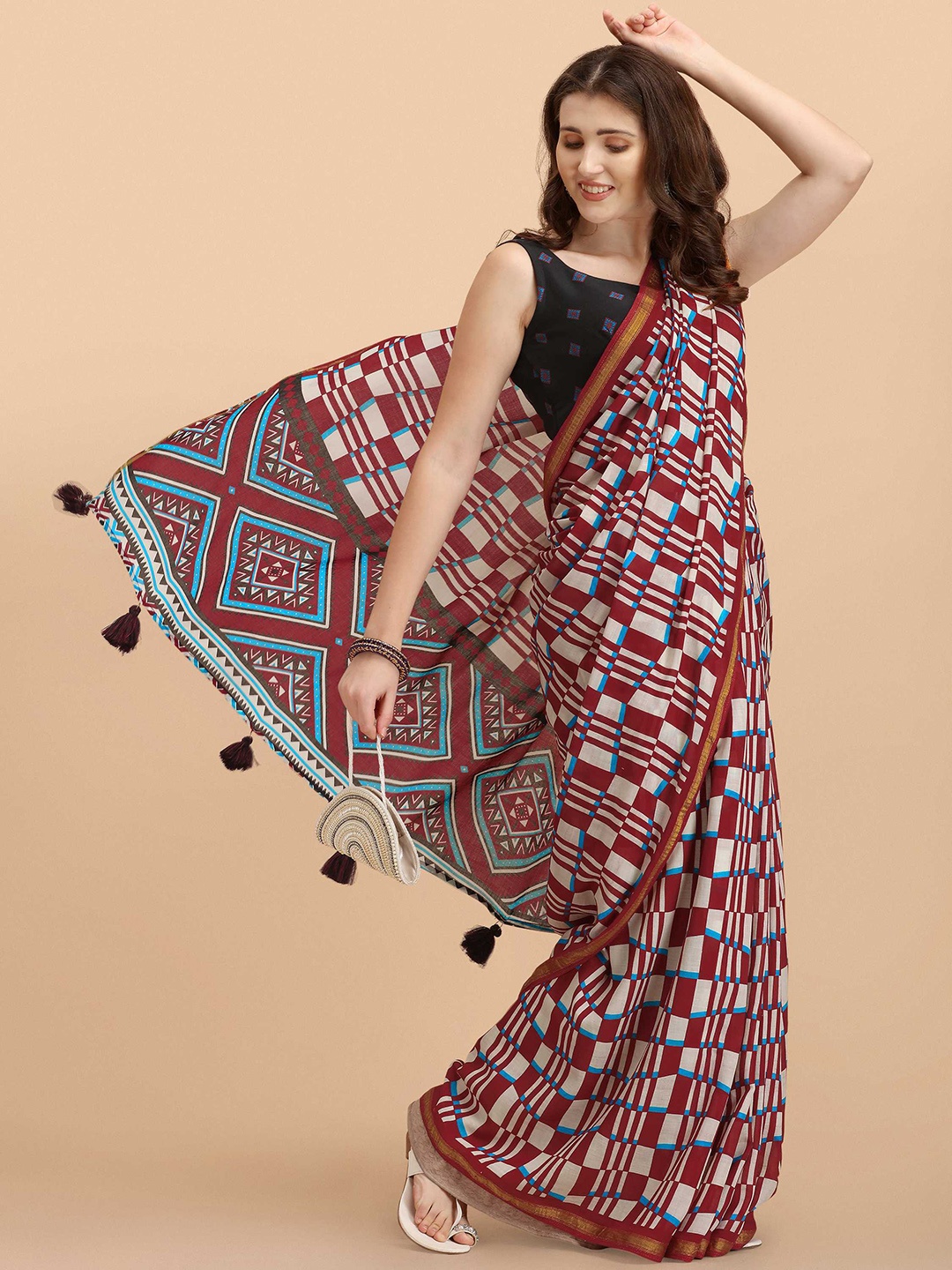 

DUNGRANI Maroon & Blue Zari Pure Cotton Saree