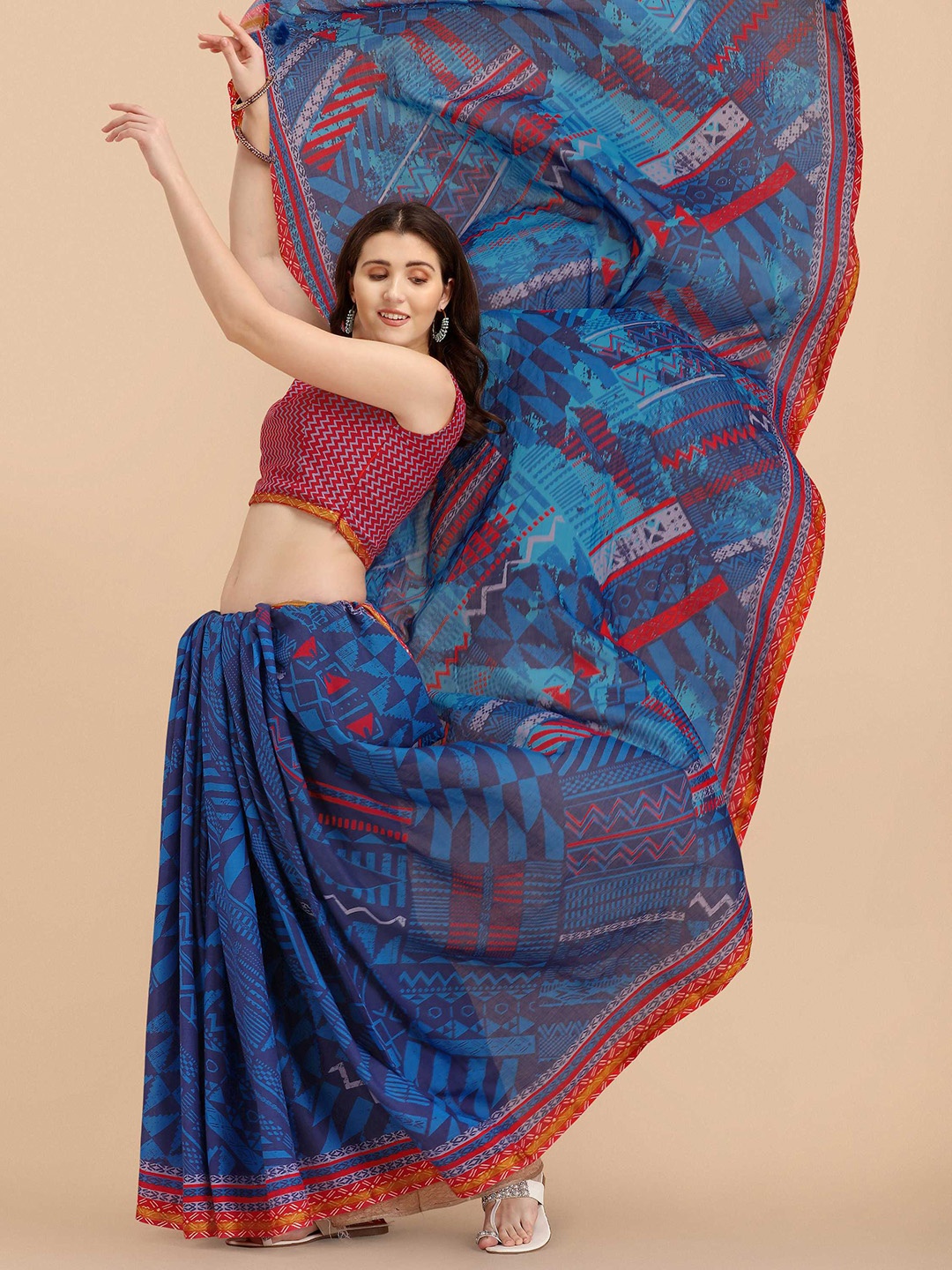 

DUNGRANI Blue & Red Pure Cotton Saree