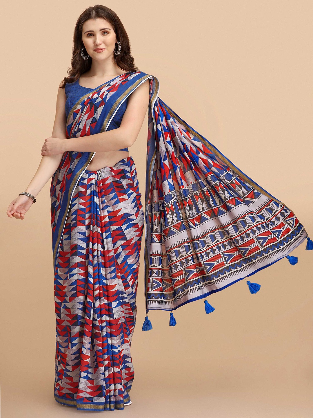 

DUNGRANI Blue & Grey Zari Pure Cotton Saree