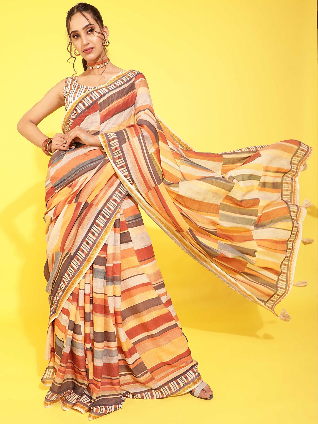 

DUNGRANI Orange & Brown Pure Cotton Saree