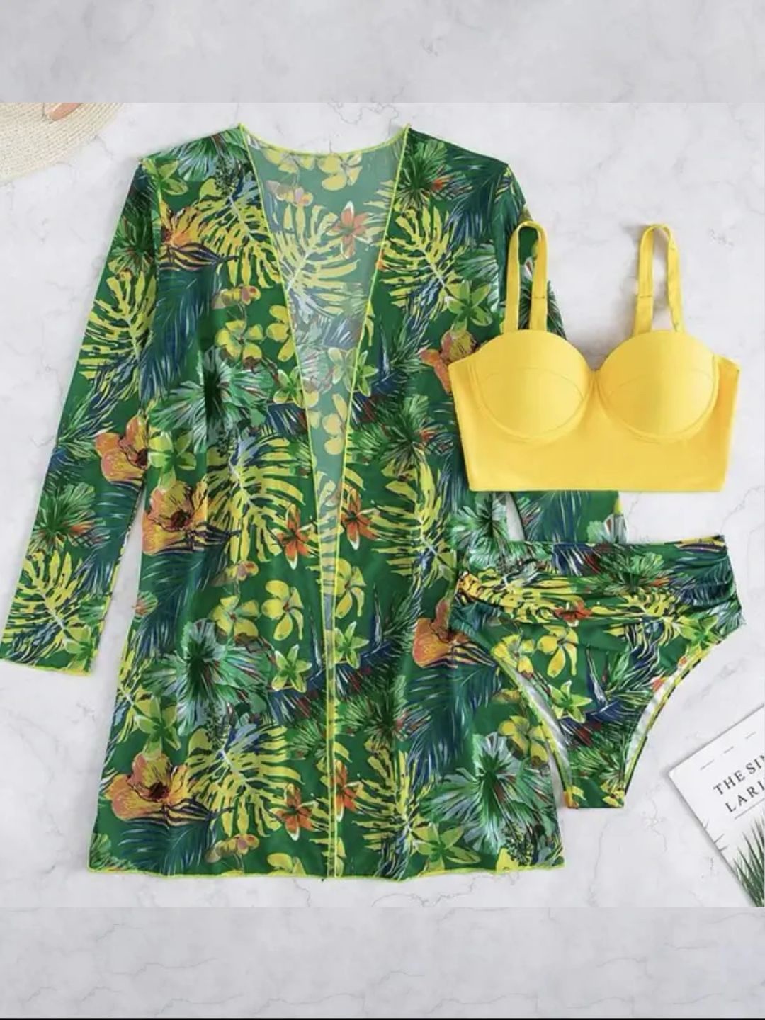

FancyPants Women Green & Yellow Tropical Printed Swim Bikini Set With Shrug