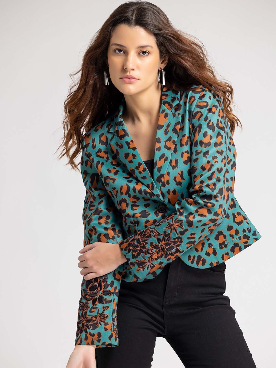 

SHAYE Women Teal-Blue & Brown Printed Single-Breasted Tailored-Fit Casual Blazer