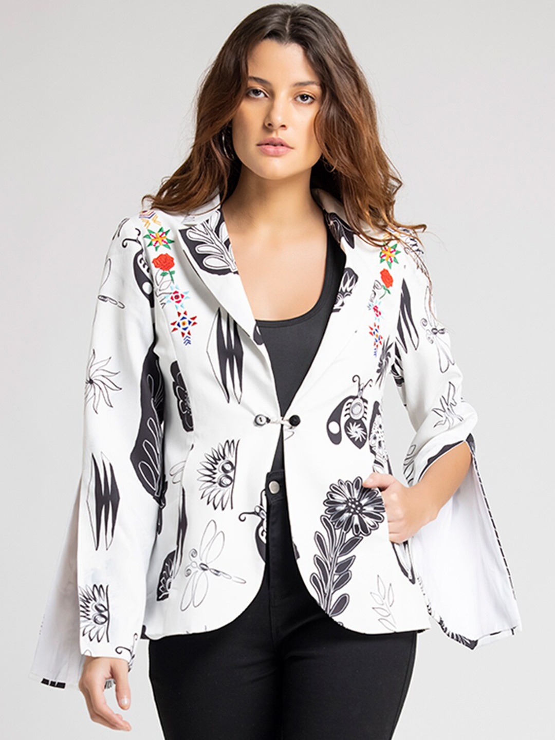 

SHAYE Women White Floral Printed Single-Breasted Tailored-Fit Casual Blazers