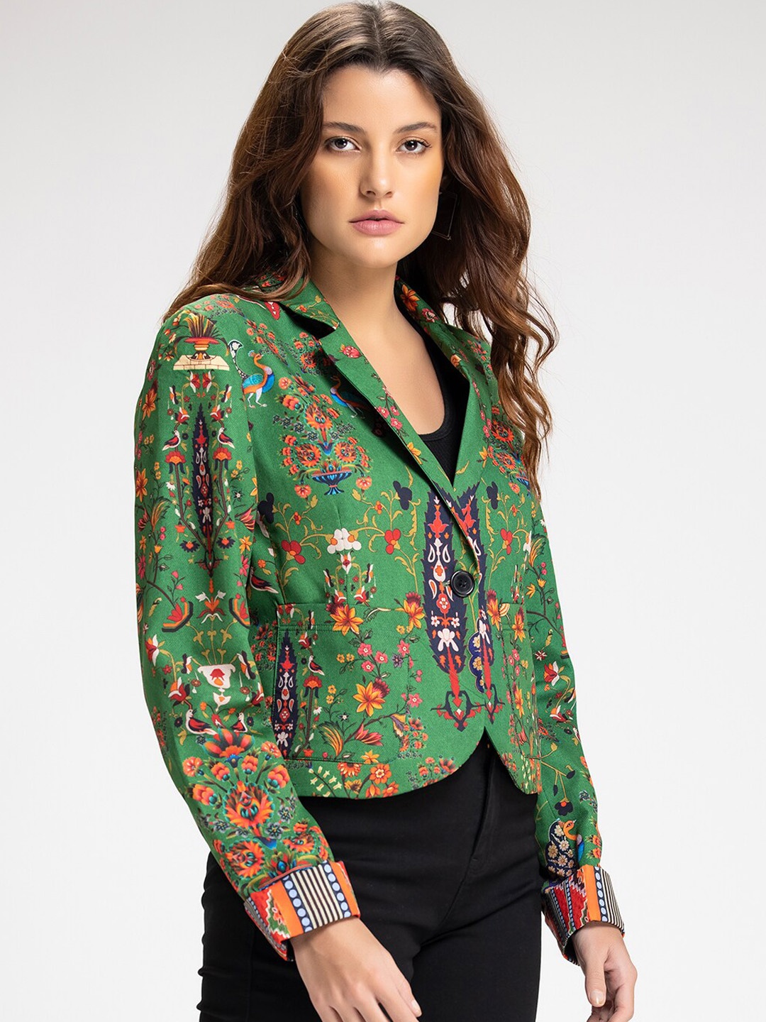 

SHAYE Women Green Printed Single-Breasted Casual Blazer