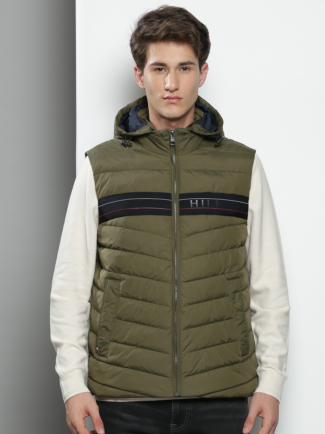 

Tommy Hilfiger Men Brand Logo Striped Sleeveless Puffer Hooded Jacket, Olive